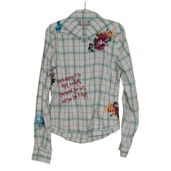 J3 Workshop Johnny Was Fairy Tails Shirt Womens Size Medium Green Plaid Floral - Picture 8 of 15